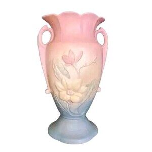 Hull Floral Vase Centerpiece Magnolia USA 22 - 12.5" 2 Handles Vtg USA Pink Blue